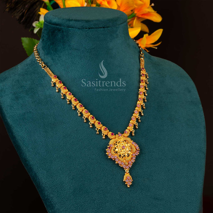 Stunning majestic micro gold plated ruby floral pendant traditional necklace featuring intricate carving and rich cultural elegance - Sasitrends