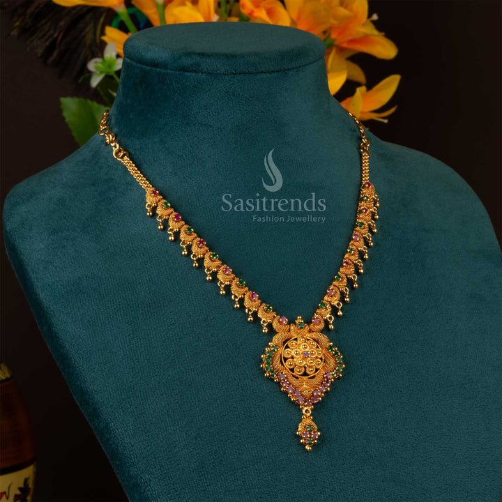 Elegant regal micro gold plated ruby-green floral pendant heritage necklace, perfect for festive occasions and ethnic styling - Sasitrends