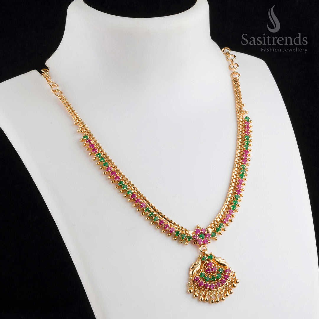 Elegant regal micro gold plated ruby-green floral pendant heritage necklace, perfect for festive occasions and ethnic styling - Sasitrends