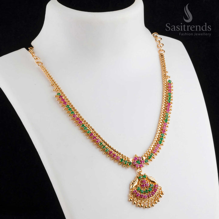 Sasitrends Traditional Flower-Design Micro Gold-Plated Jewellery Set With AD Stones