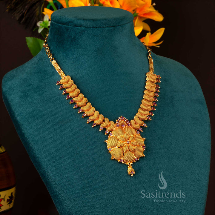 Beautiful grand micro gold plated ruby flower pendant traditional necklace featuring golden balls and intricate craftsmanship -Sasitrends