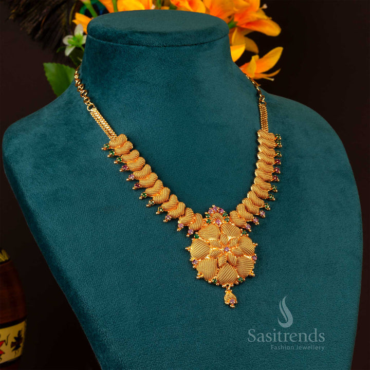 Majestic regal micro gold plated ruby-green flower pendant heritage necklace, crafted with traditional motifs and elegant detailing - Sasitrends