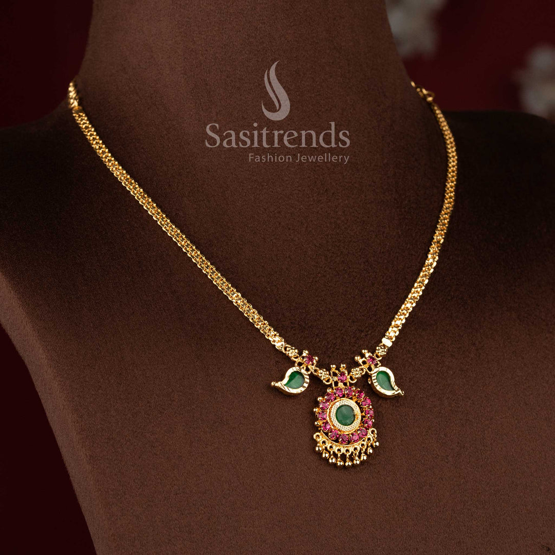 One Petal Palaka Necklace with Green Stone Centerpiece - Kerala Gold Plated Necklace - - Sasitrends
