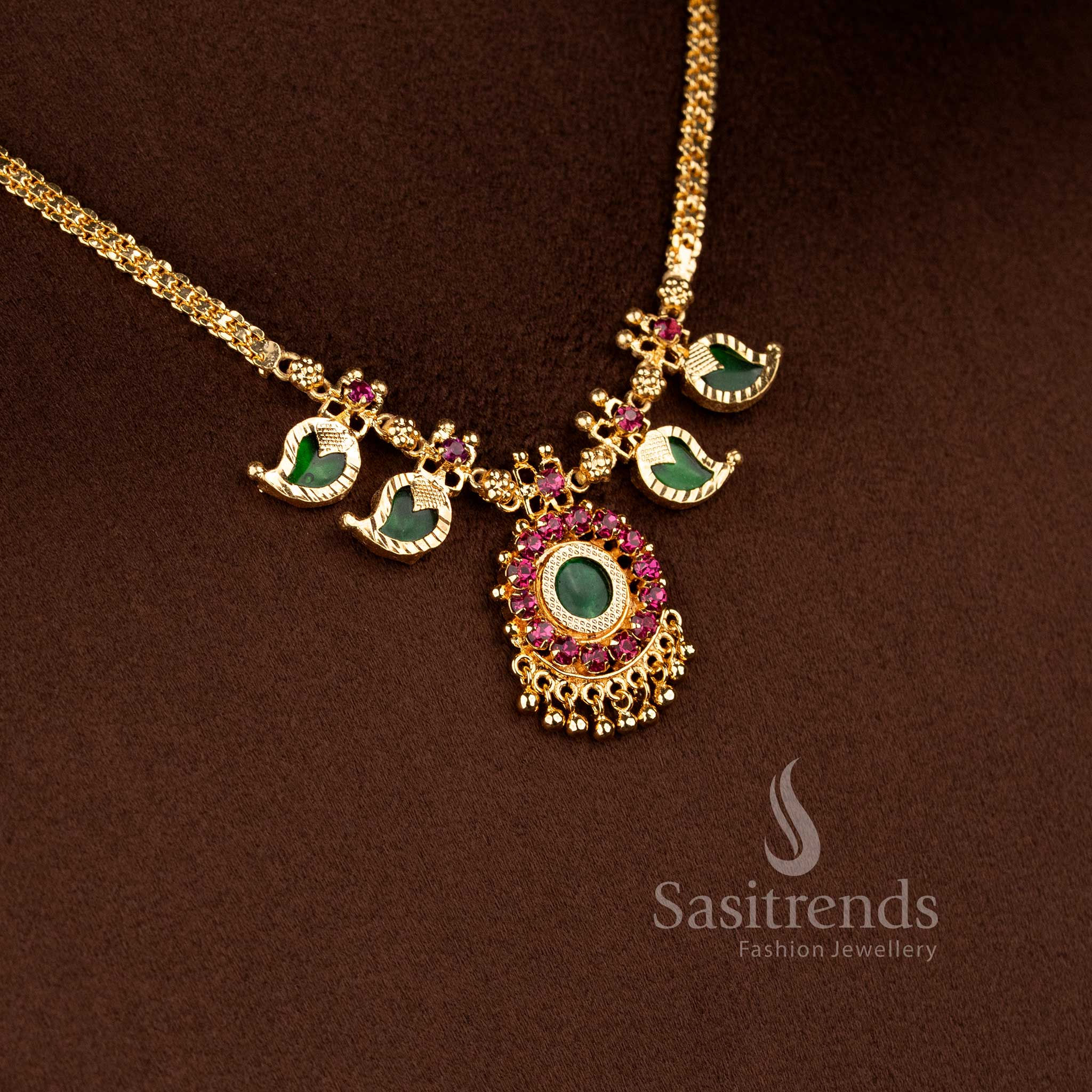Luxurious Two Petal Palaka Necklace with Green Stone Centerpiece - Kerala Gold Plated Necklace - - Sasitrends
 