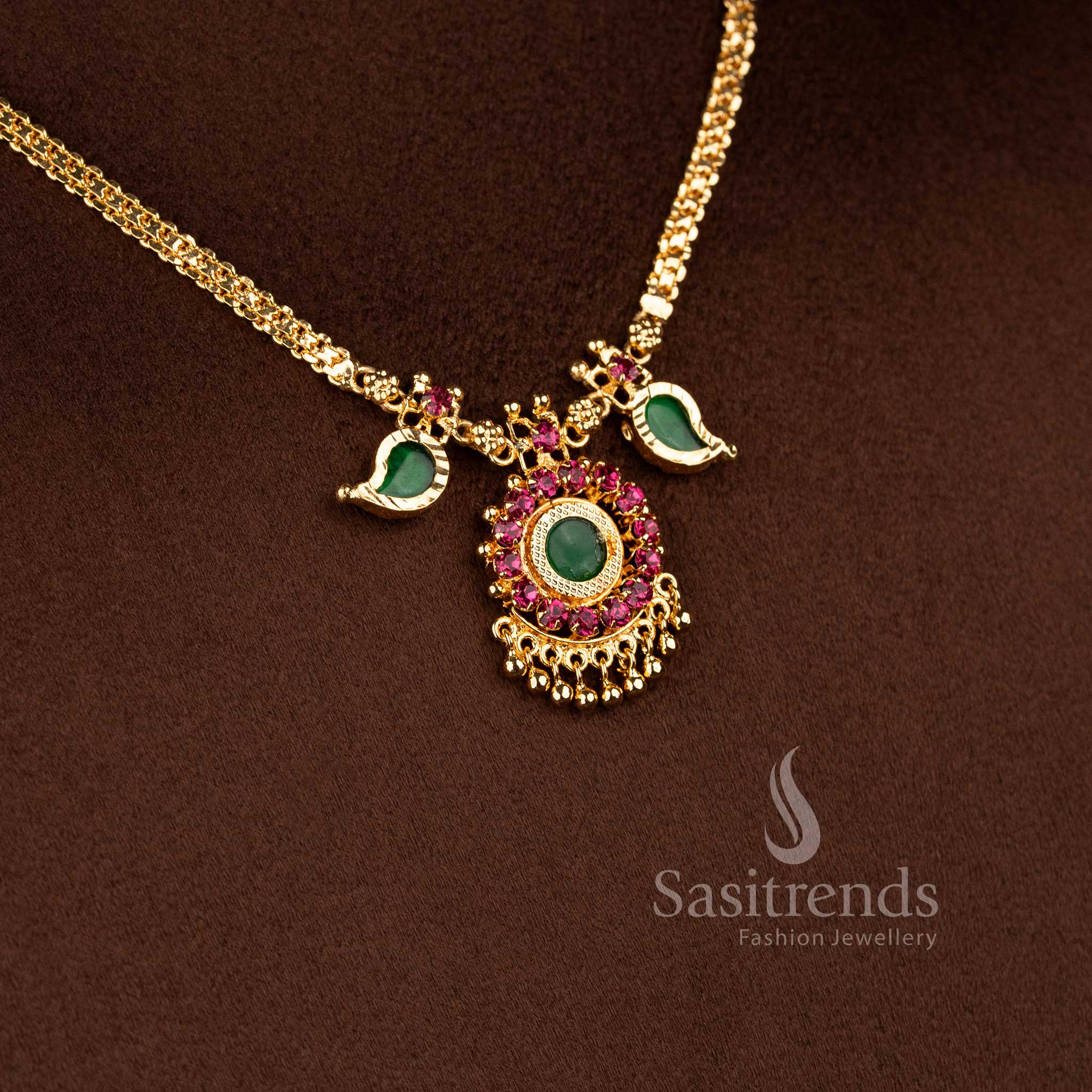 Luxurious one Petal Palaka Necklace with Green Stone Centerpiece - Kerala Gold Plated Necklace - - Sasitrends
 