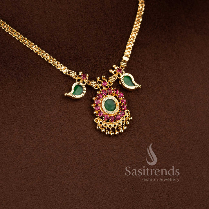 Luxurious one Petal Palaka Necklace with Green Stone Centerpiece - Kerala Gold Plated Necklace - - Sasitrends
 