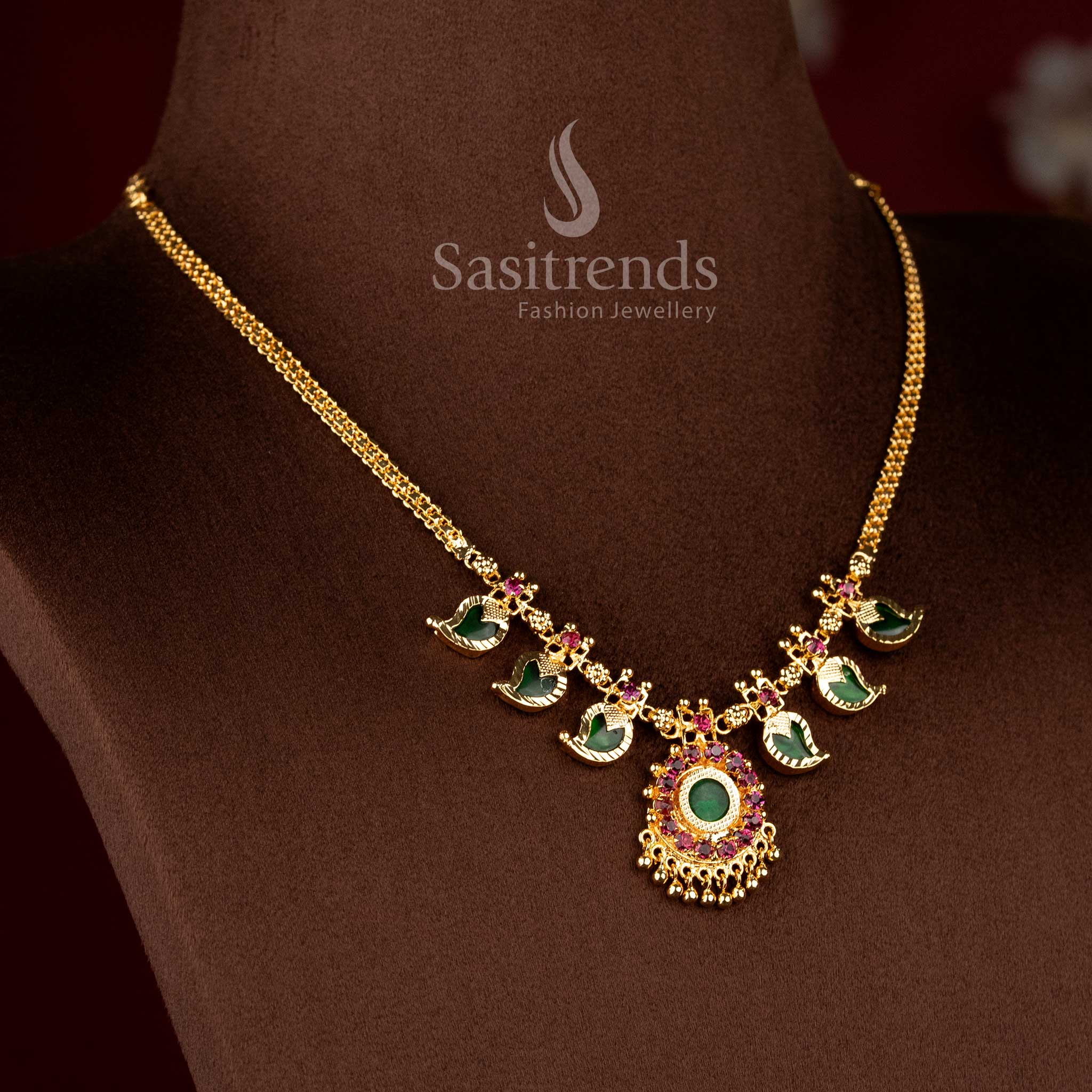Luxurious Three Petal Palaka Necklace with Green Stone Centerpiece - Kerala Gold Plated Necklace - - Sasitrends
