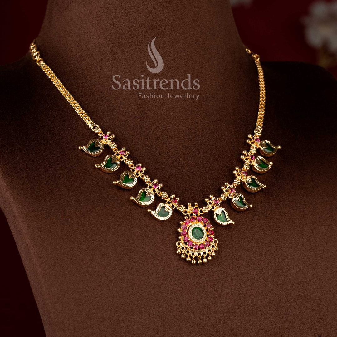 Luxurious Five Petal Palaka Necklace with Green Stone Centerpiece - Kerala Gold Plated Necklace - - Sasitrends
 