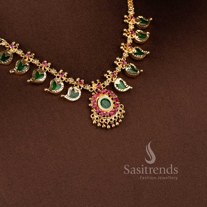 Luxurious Five Petal Palaka Necklace with Green Stone Centerpiece - Kerala Gold Plated Necklace - - Sasitrends
