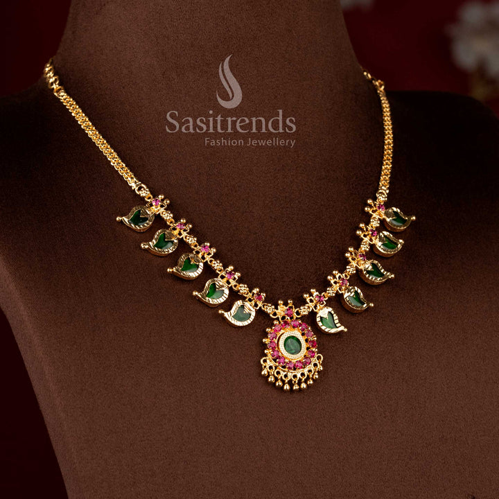 Micro Gold Plated Kerala Traditional Mango Leaf Palakka Necklace with Green Stone Pendant | Sasitrends