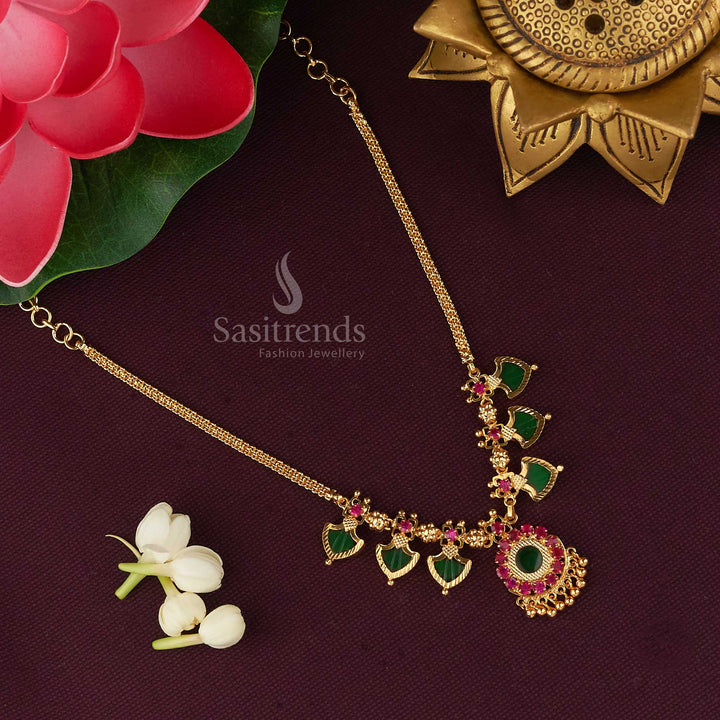 Elegant three-petal Kerala Palakka necklace in radiant green and pink tones, adorned with micro gold plated finish, perfect for cultural festivals and traditional celebrations – classic South Indian inspired jewellery – Sasitrends