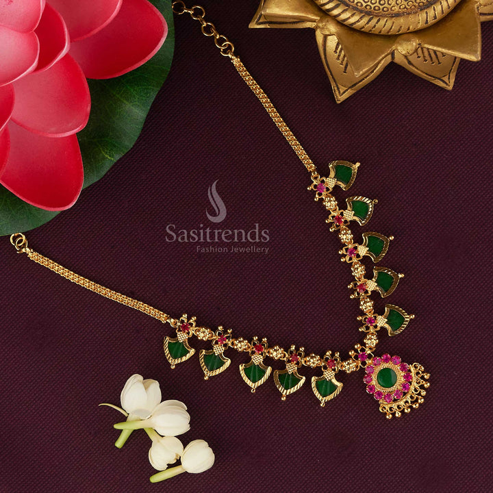 Majestic Kerala traditional Palakka necklace set showcasing five vibrant green-pink petal stones and finished with lustrous micro gold plating – an enchanting choice for bridal elegance and South Indian festive looks – Sasitrends

