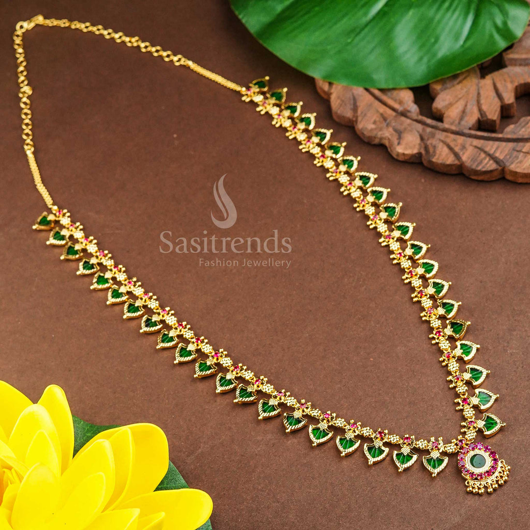 Traditional Long Palakka Necklace: 40 Green Stones Pink Headstone, Micro Gold Plating Sasitrends
