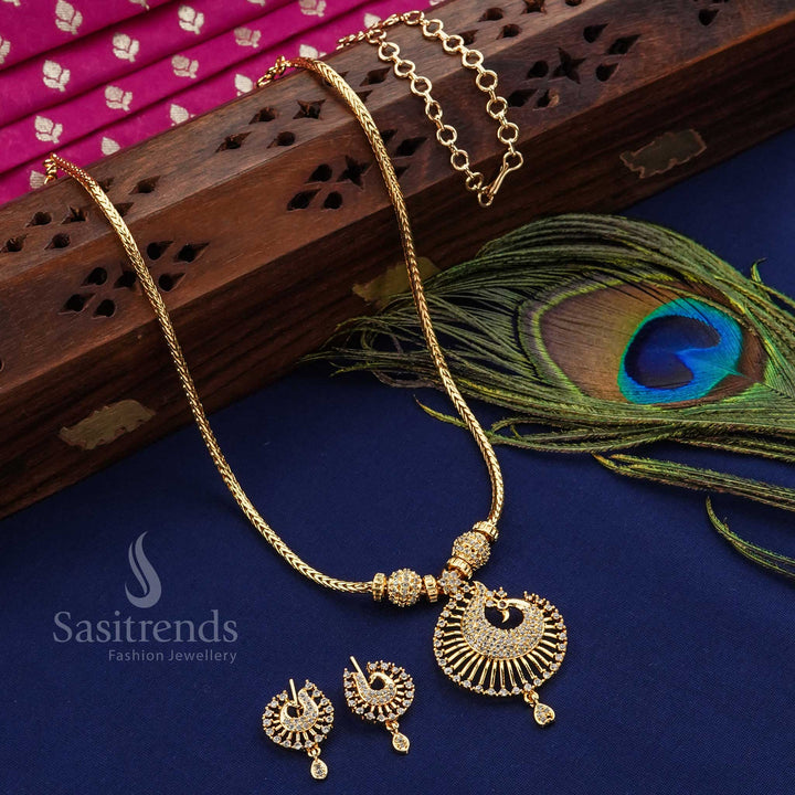 Luxurious and elegant white peacock pendant ball jewellery set, micro gold plated and adorned with sparkling American diamonds - Sasitrends