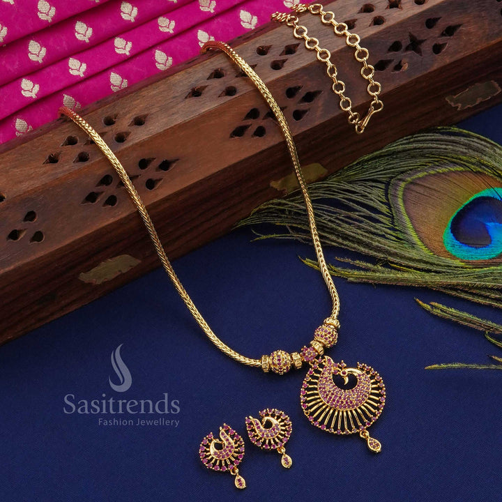 Exquisite royal ruby peacock pendant ball jewellery set, micro gold plated and embellished with dazzling American diamonds - Sasitrends