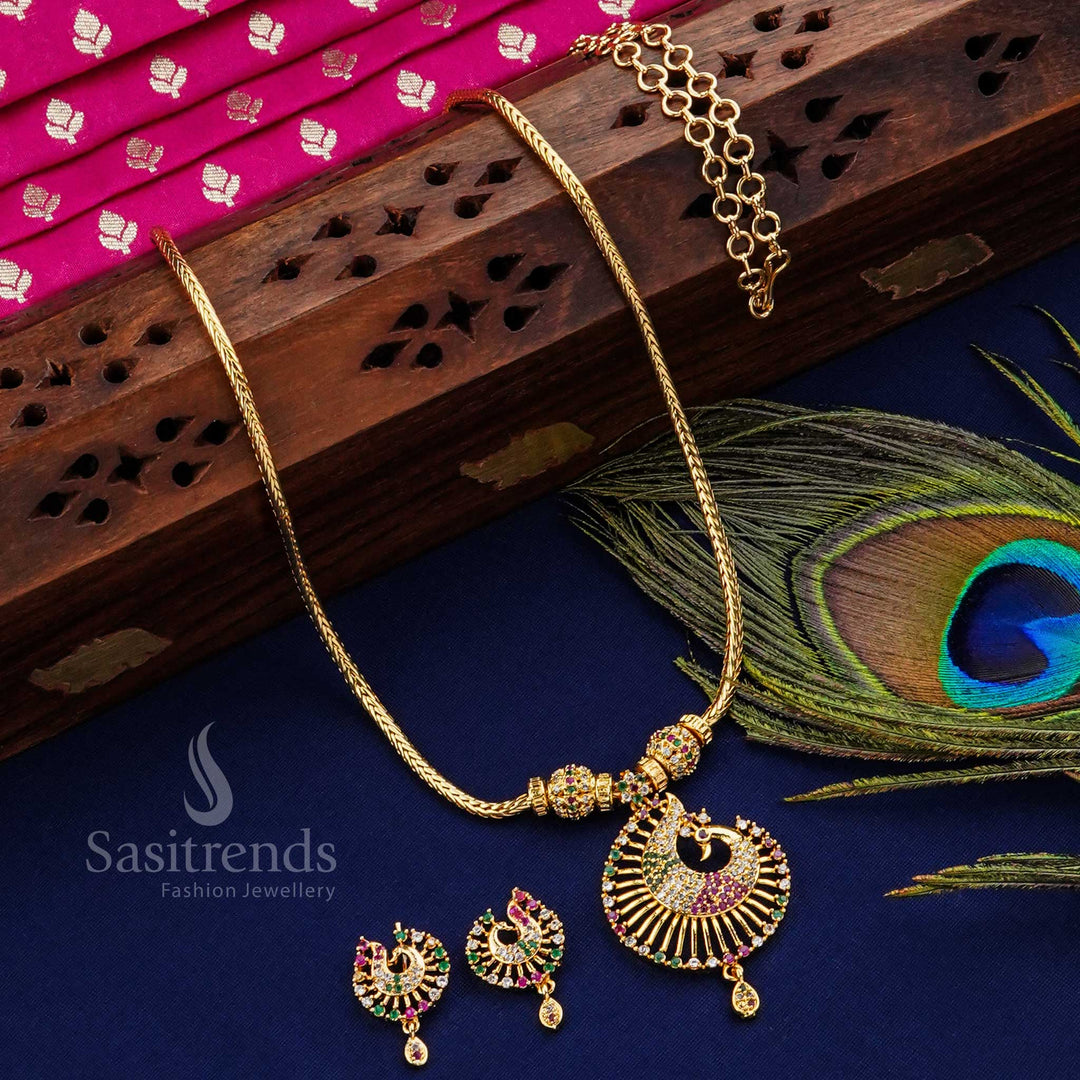 Eye-catching and vibrant multi-color peacock pendant ball jewellery set, micro gold plated and decorated with sparkling American diamonds - Sasitrends
