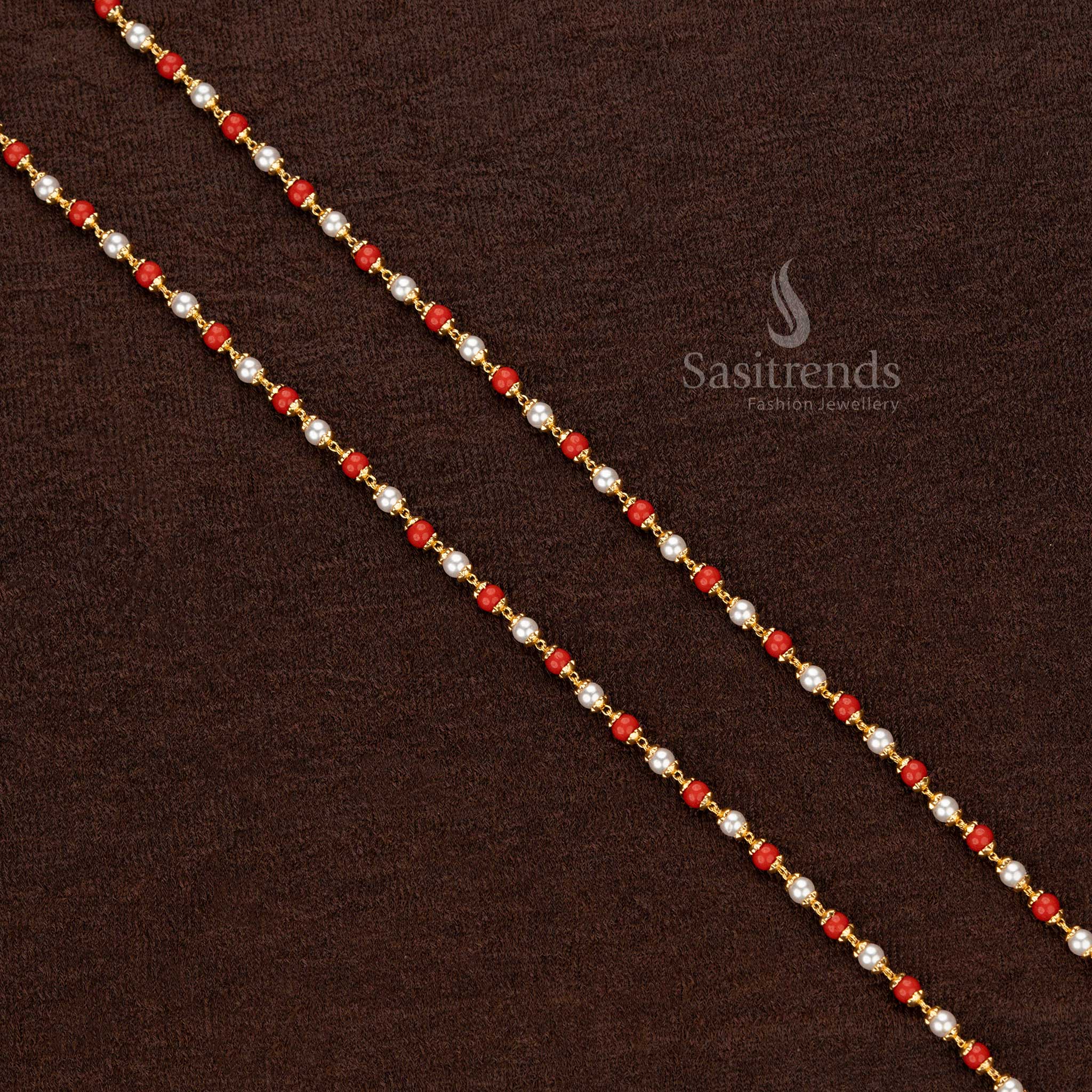 Radiant micro gold-plated beaded Thali Saradu chain adorned with vivid red and white beads, designed for cultural and festive celebrations - Sasitrends