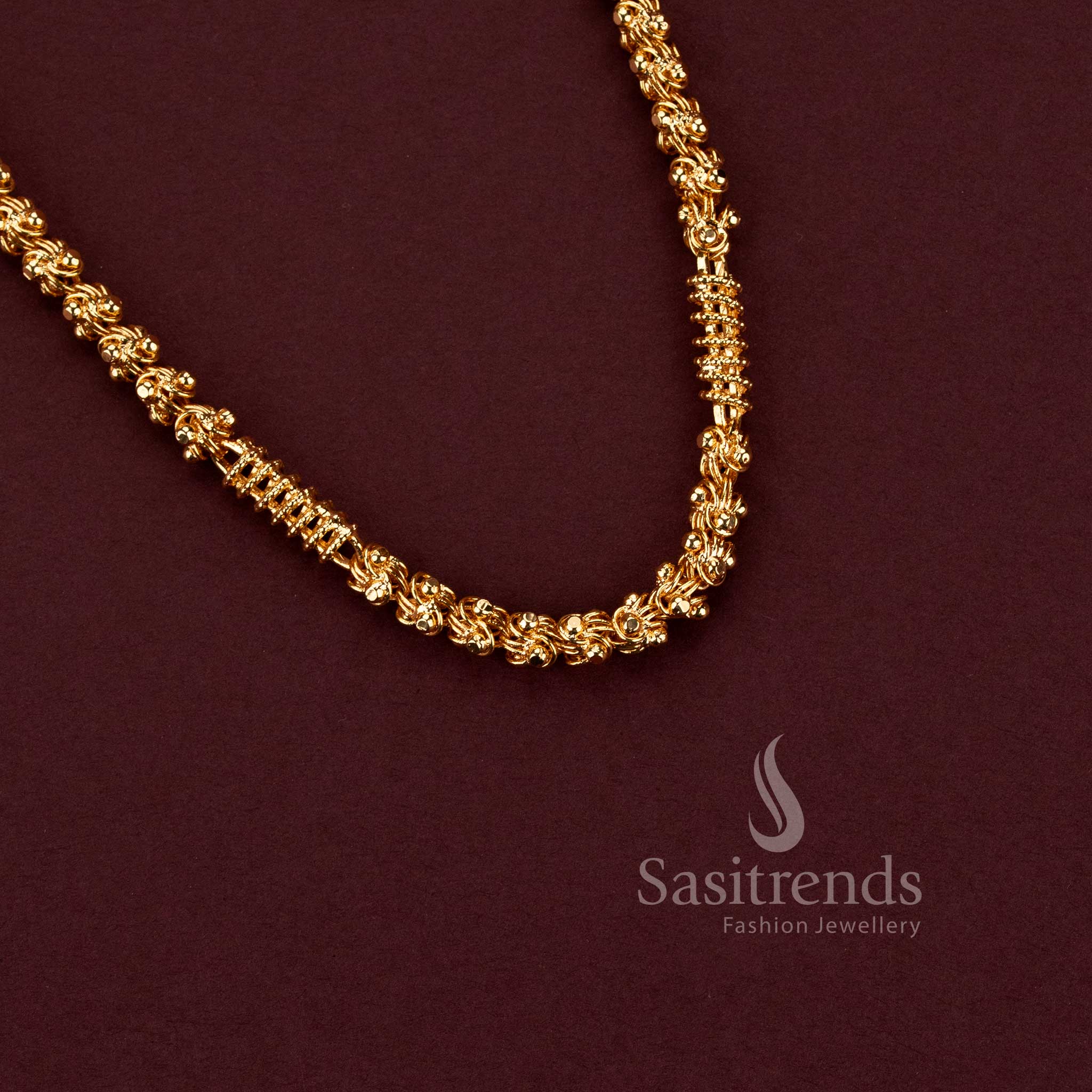 Traditional micro gold plated neck chain featuring globe and textured barrel pattern design - Sasitrends