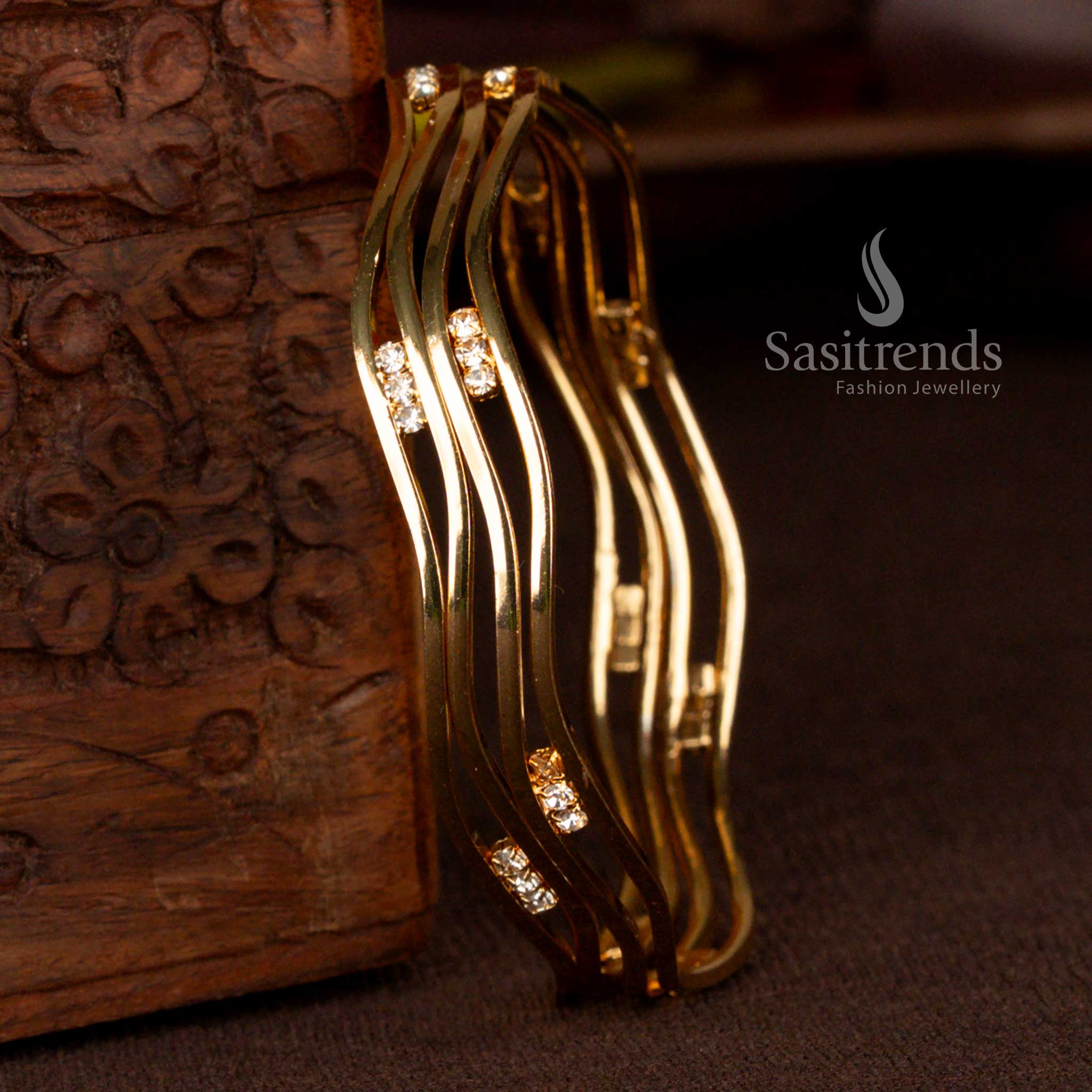 Micro gold plated S-curve zig-zag stone bangles for temple and festive wear