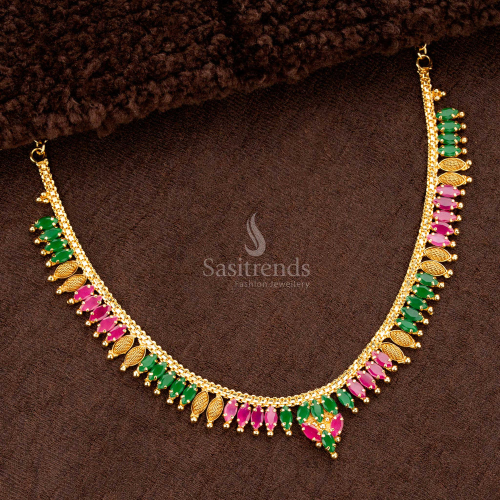 Front view of 1 gram micro gold plated necklace ruby Green stones - Sasitrends