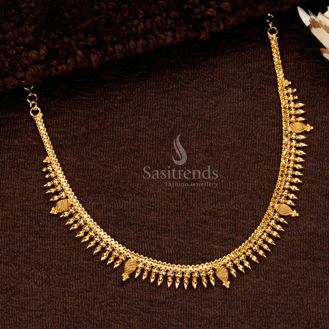Micro Gold Plated Kerala Style Traditional Necklace – One Gram Jewellery, Bead Chain with Leaf Drop Accents – Sasitrends