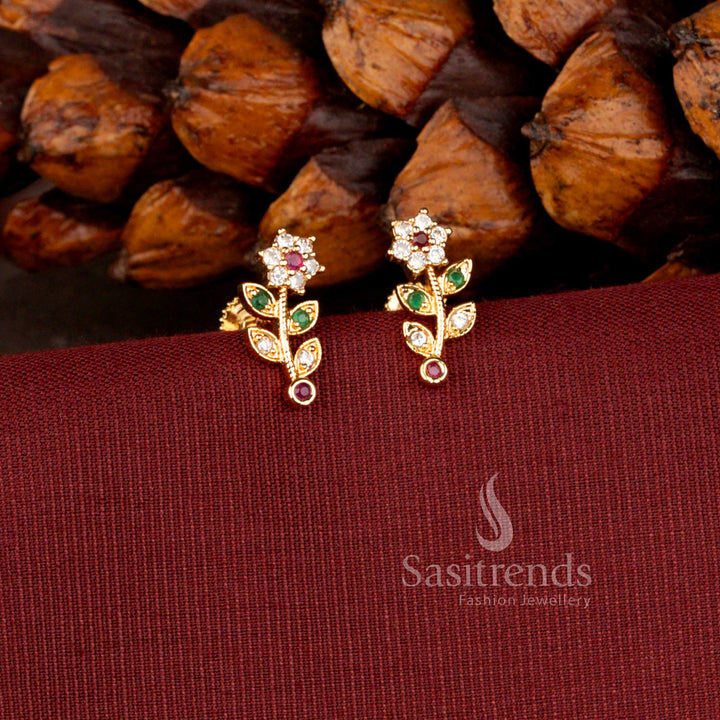 Micro Gold Plated American Diamond Floral Vine Designer Stud Earrings for Women with Elegant Leaf Pattern - Sasitrends