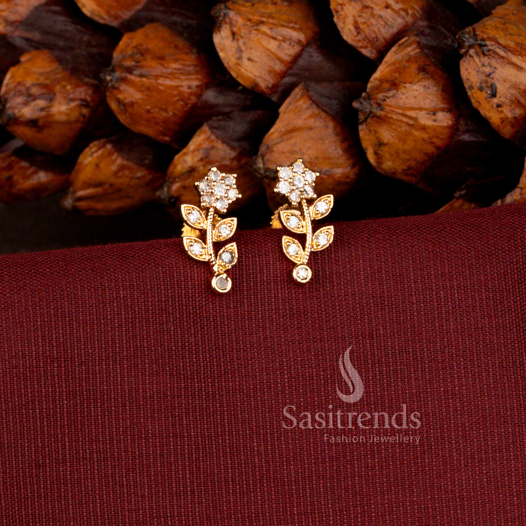 Micro Gold Plated American Diamond Floral Vine Designer Stud Earrings for Women with Elegant Leaf Pattern - Sasitrends
