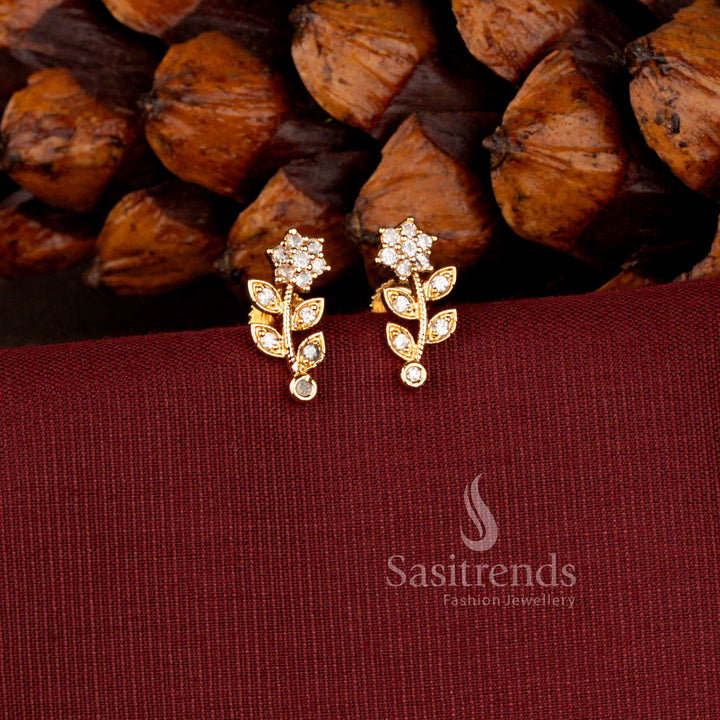 Micro Gold Plated American Diamond Floral Vine Designer Stud Earrings for Women with Elegant Leaf Pattern - Sasitrends