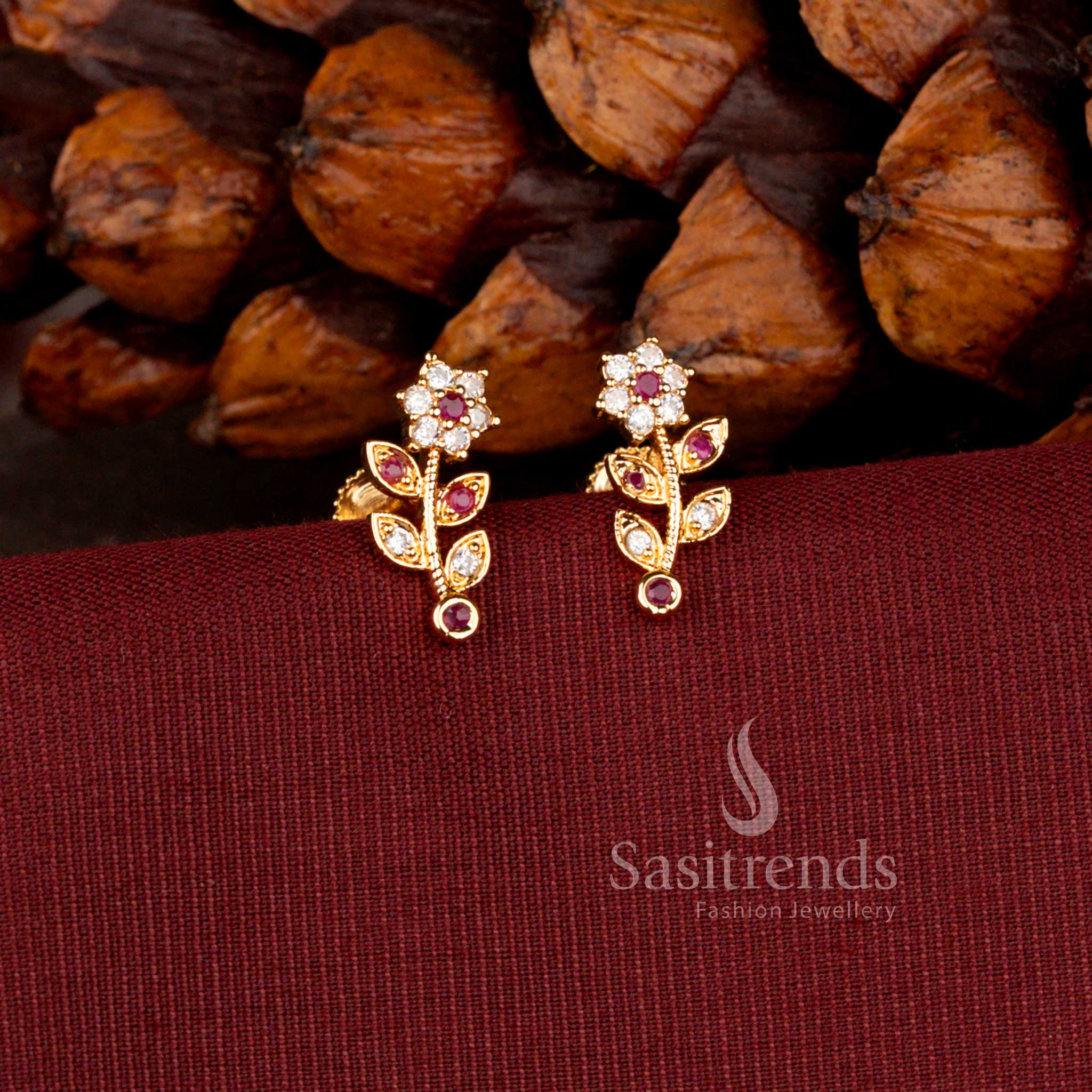 Micro Gold Plated American Diamond Floral Vine Designer Stud Earrings for Women with Elegant Leaf Pattern - Sasitrends