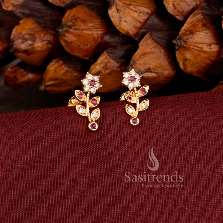 Micro Gold Plated American Diamond Floral Vine Designer Stud Earrings for Women with Elegant Leaf Pattern - Sasitrends