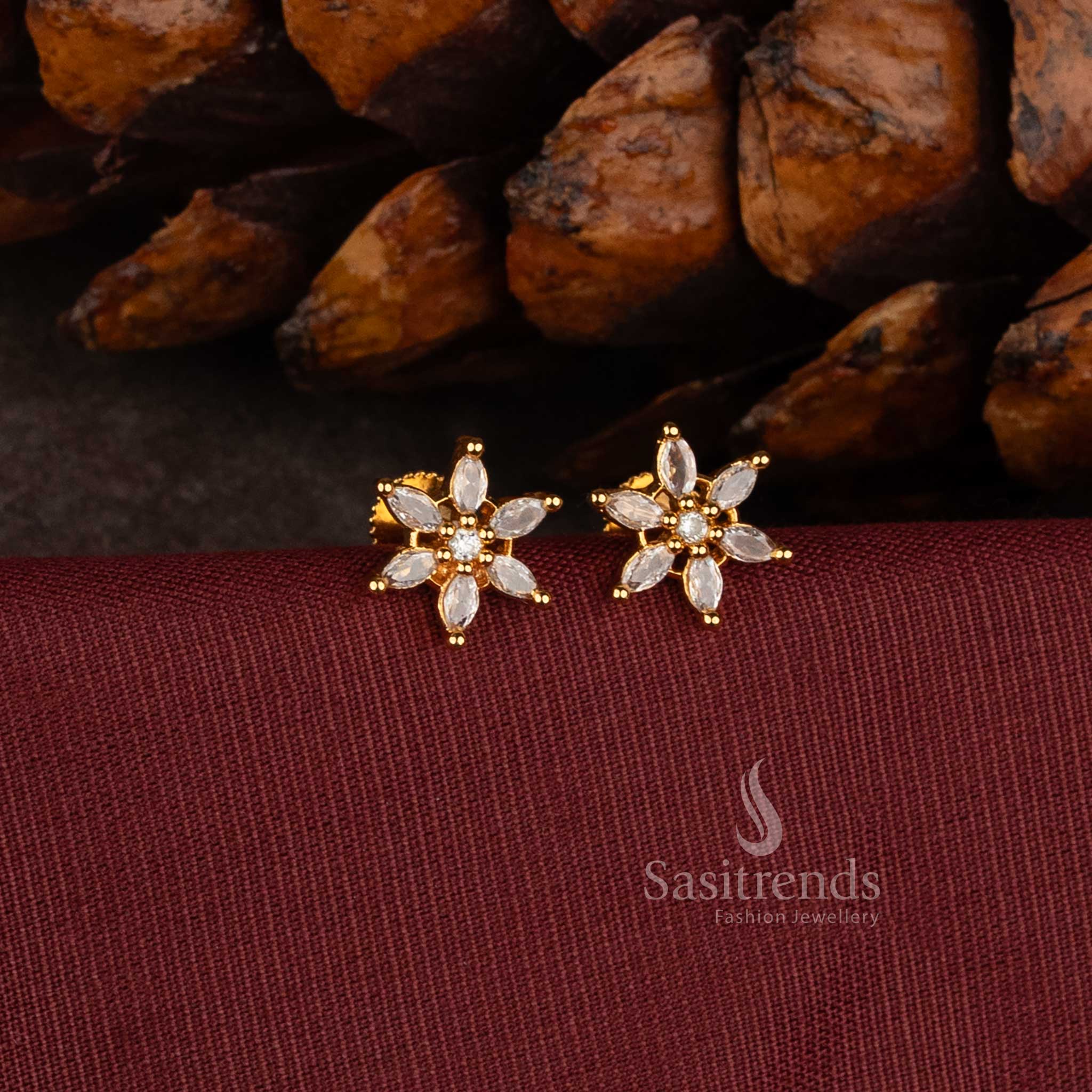 Micro Gold Plated Floral Earrings with Marquise Stone Petal Detailing - Sasitrends