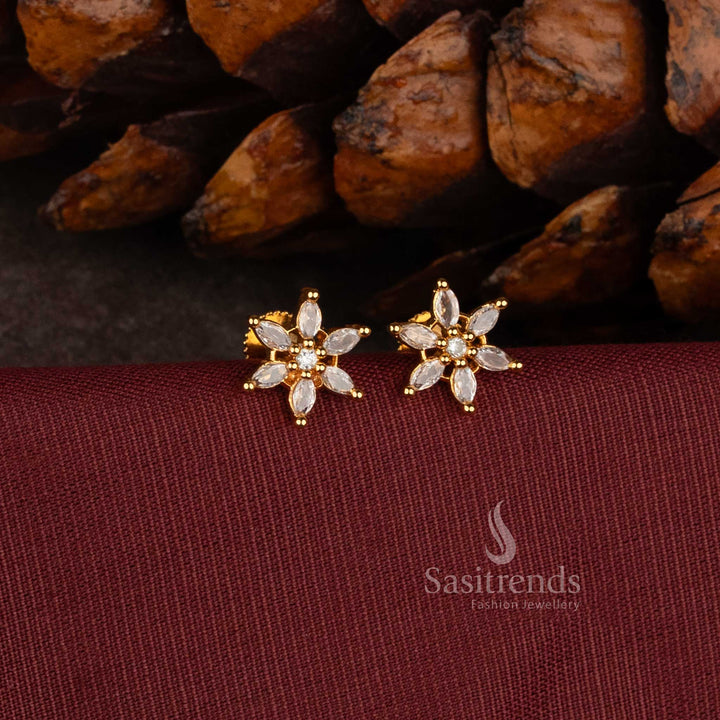Micro Gold Plated Floral Earrings with Marquise Stone Petal Detailing - Sasitrends