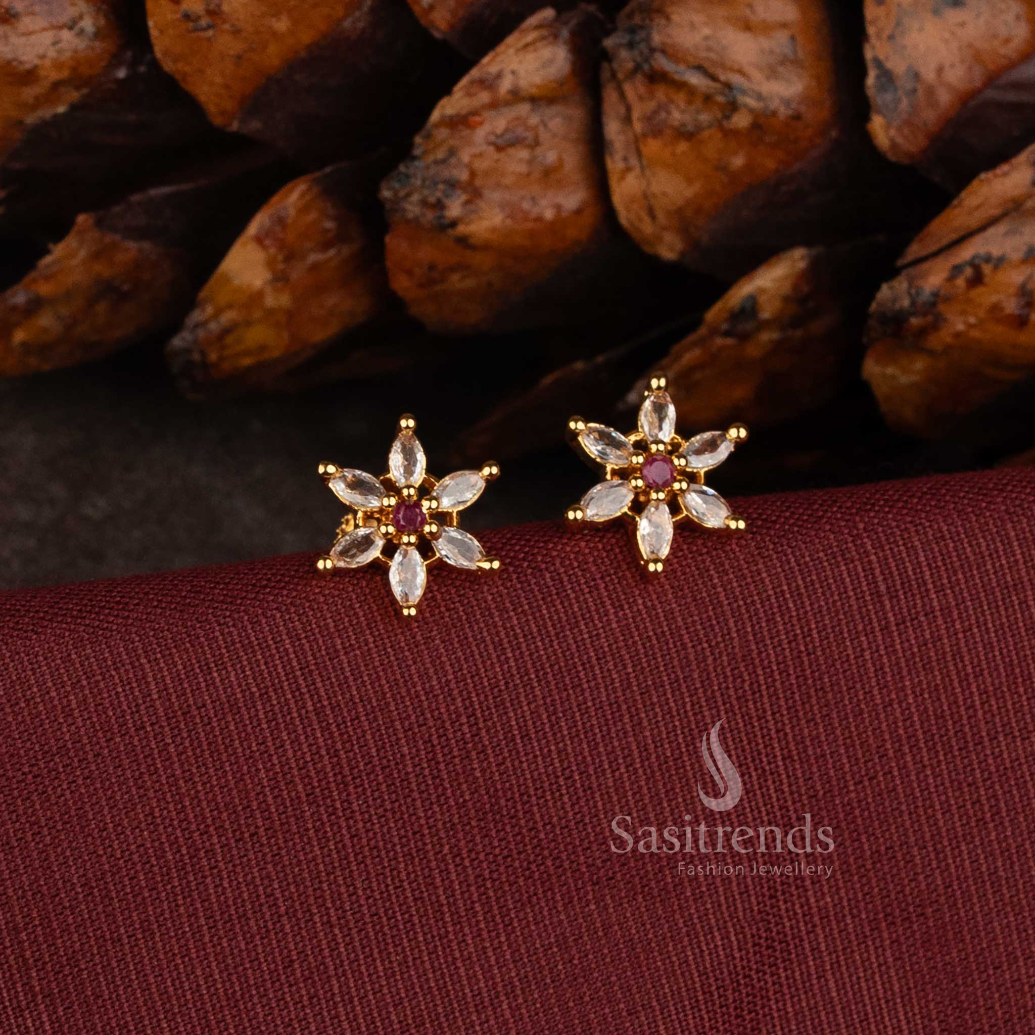 Micro Gold Plated Floral Earrings with Marquise Stone Petal Detailing - Sasitrends