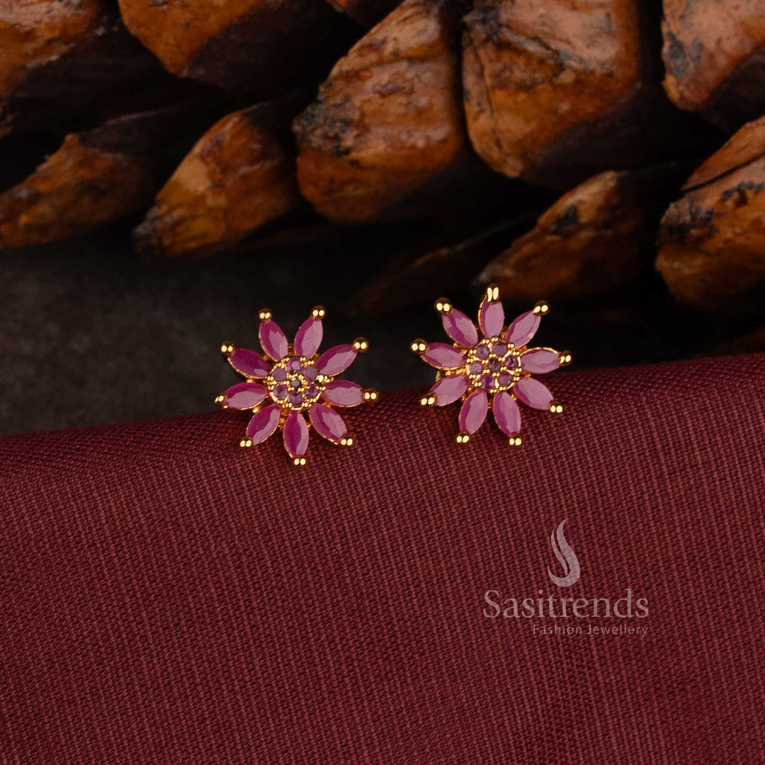 Micro Gold Plated Floral Stud Earrings with Detailed American Diamond Centre - Sasitrends