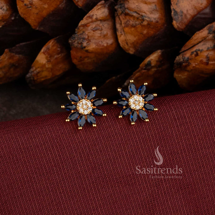 Micro Gold Plated Floral Stud Earrings with Detailed American Diamond Centre - Sasitrends