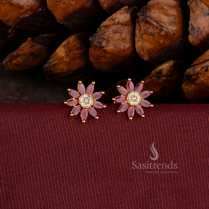Micro Gold Plated Floral Stud Earrings with Detailed American Diamond Centre - Sasitrends