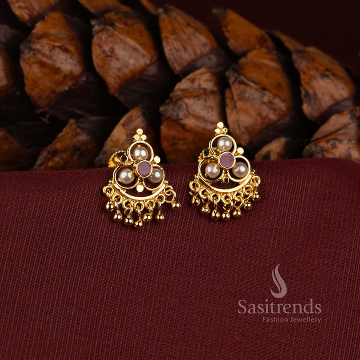 Traditional Pearl Cluster Earrings with Golden Bead Drops for Temple Functions and Special Occasions - Sasitrends