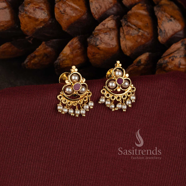 Micro Gold Plated Pearl Drop Earrings for Kanjeevaram Silk Sarees, Weddings and Festive Wear - Sasitrends