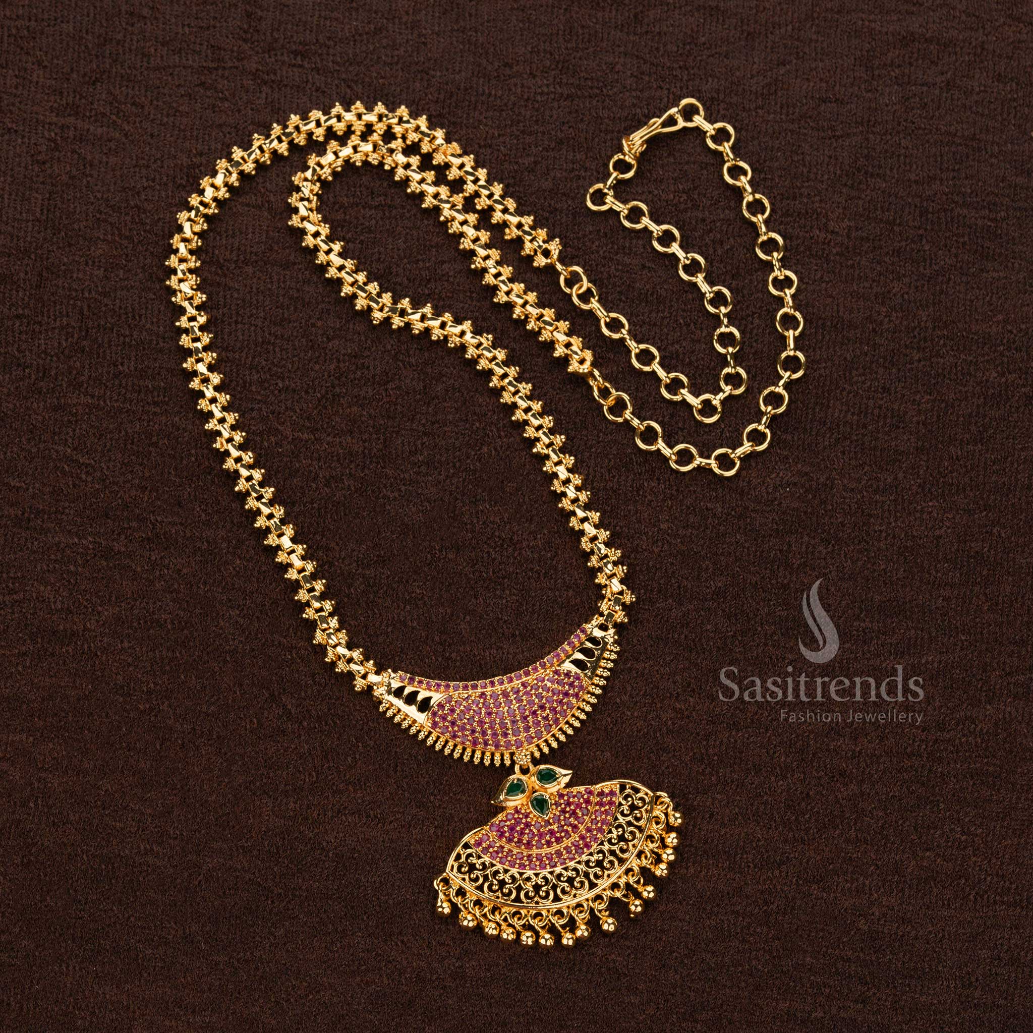 Traditional micro gold plated Gajiri necklace with green and ruby AD stones - Sasitrends