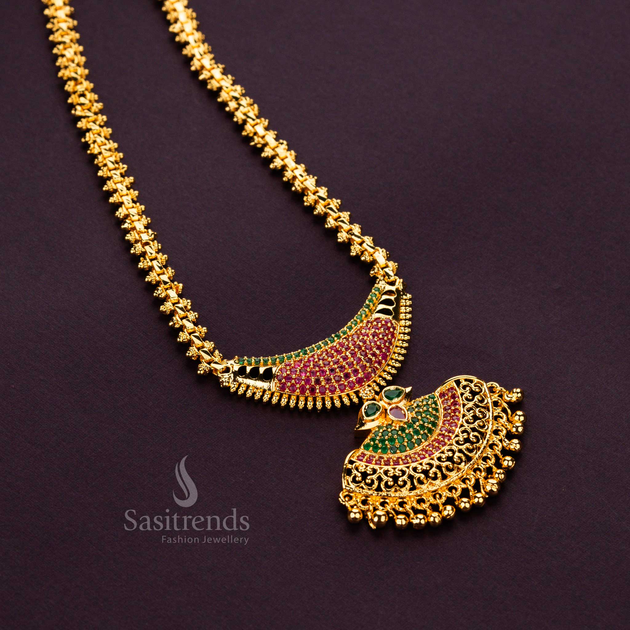 Elegant ruby and green AD stone micro gold plated Gajiri necklace for events - Sasitrends