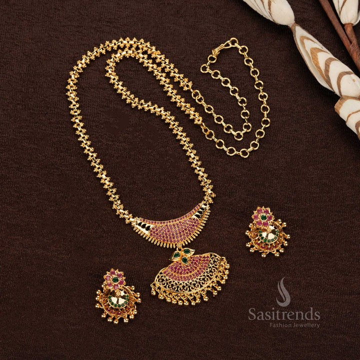 Traditional micro gold plated Gajiri necklace with ruby and green AD stones - Sasitrends