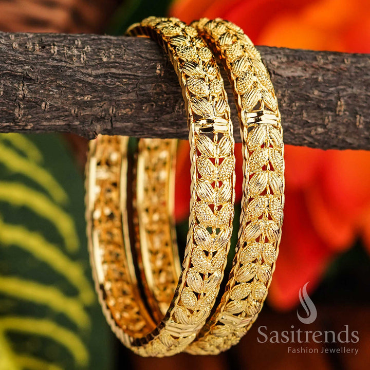 Buy Latest Micro Gold Plated Thick Bangles Pair with Double Leaf Pattern | Indian Traditional