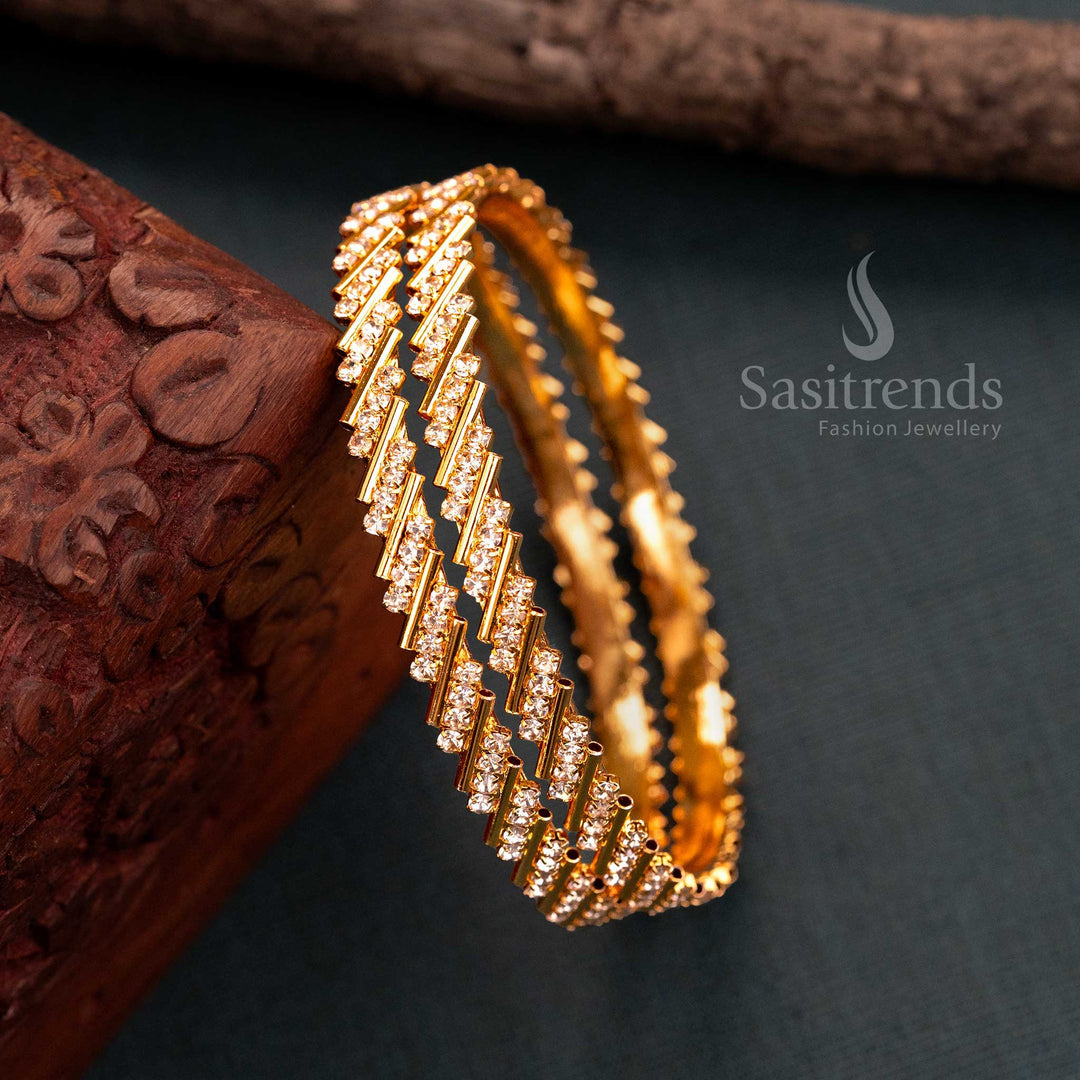 Traditional Wear Micro Gold Plated White American Diamond Stone Studded Bangles