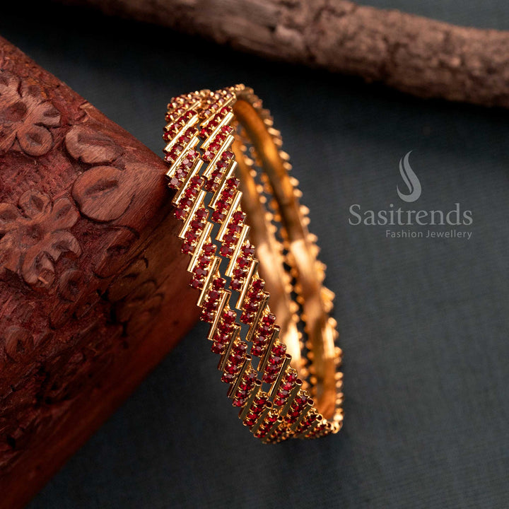 Temple Wear Micro Gold Plated Maroon American Diamond Stone Studded Bangles