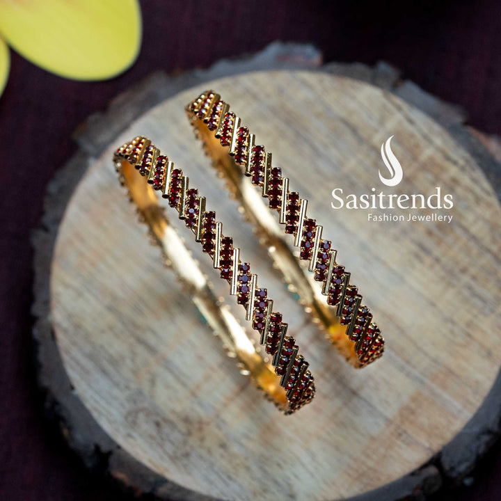Temple Wear Micro Gold Plated Maroon American Diamond Stone Studded Bangles