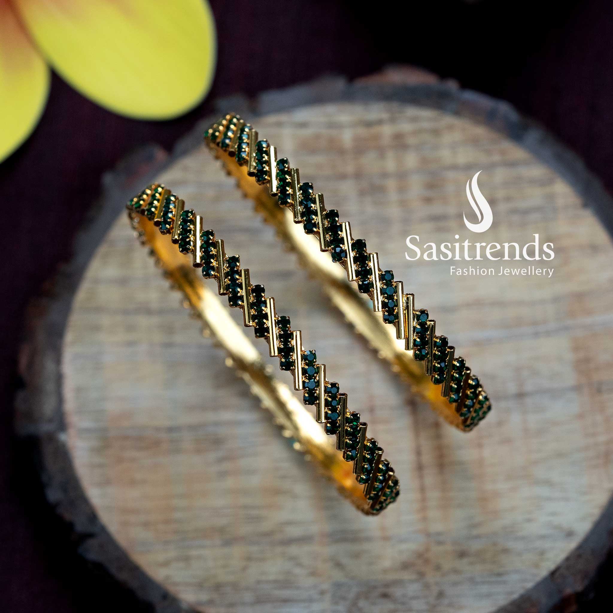 Trendy Micro Gold Plated Green American Diamond Stone Studded Bangles