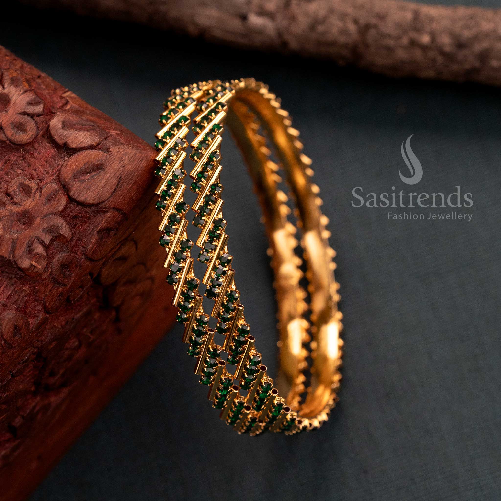 Trendy Micro Gold Plated Green American Diamond Stone Studded Bangles