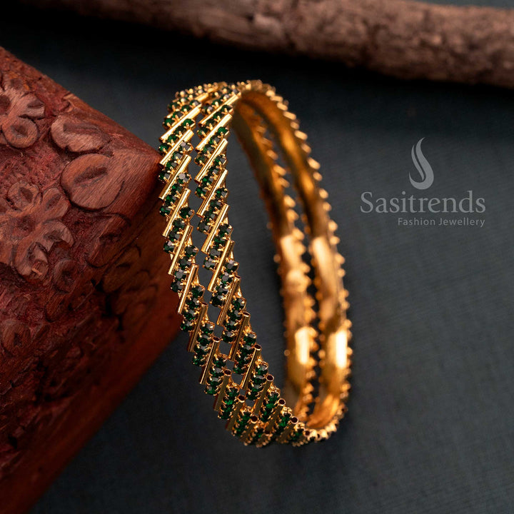 Trendy Micro Gold Plated Green American Diamond Stone Studded Bangles