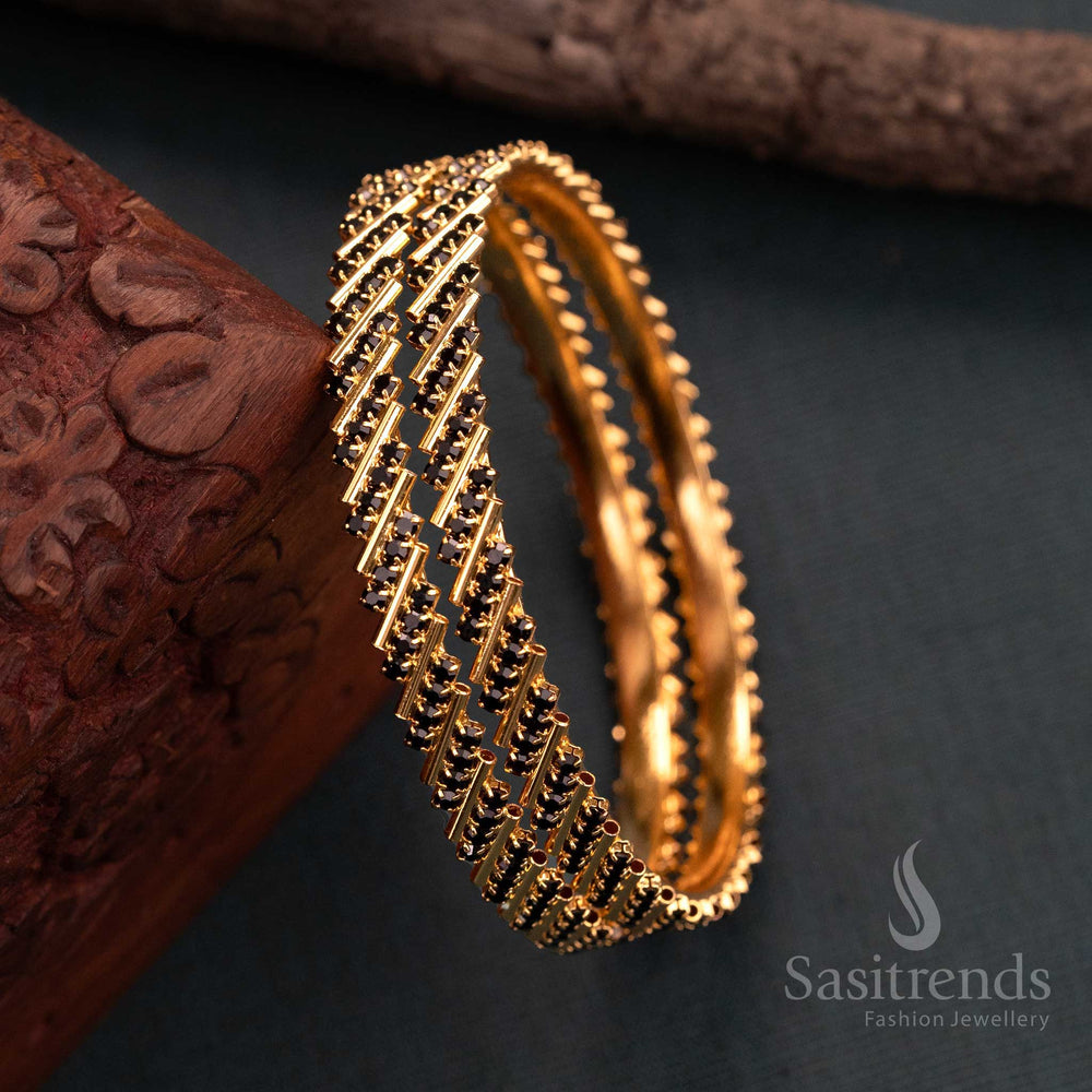 Traditional Temple Wear Micro Gold Plated Black American Diamond Stone Studded Bangles