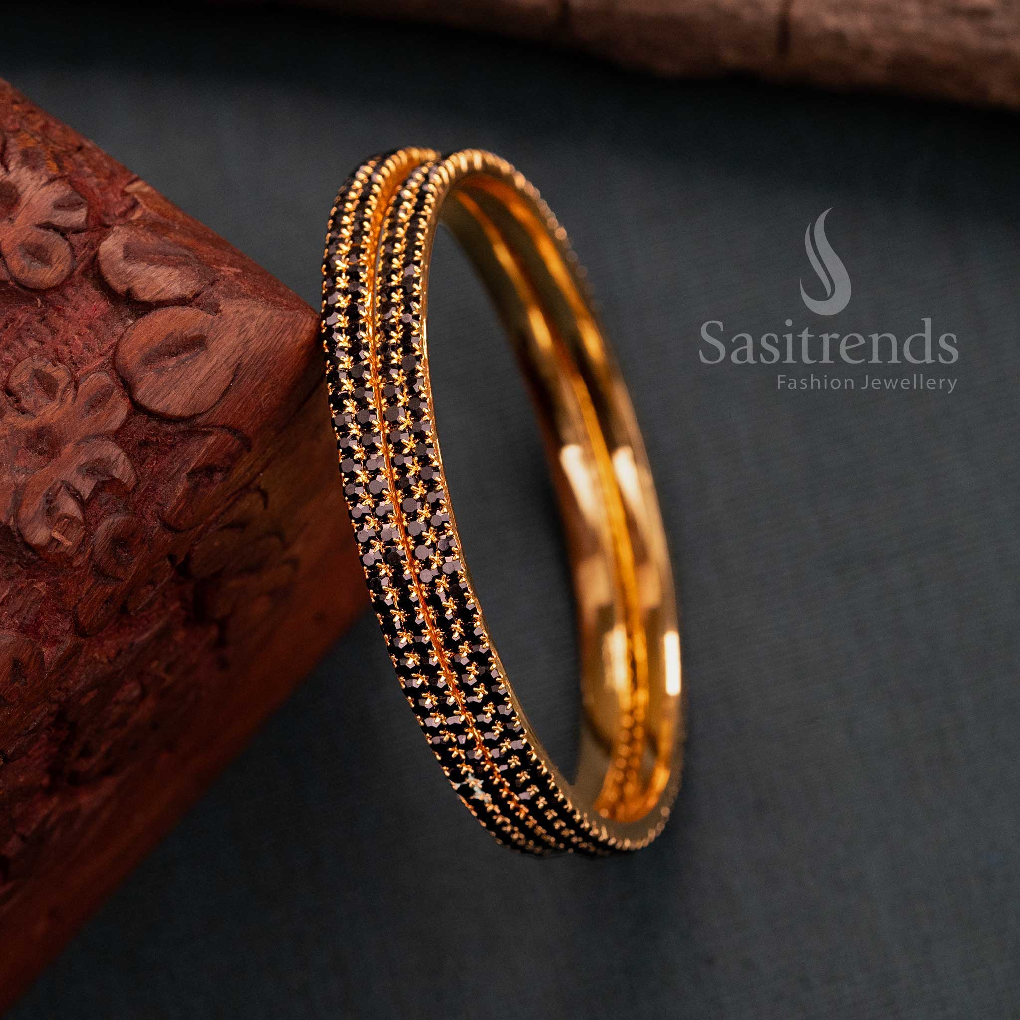 Temple Wear Guaranteed Micro Gold Plated Two Line Black American Diamond Stone Studded Bangles